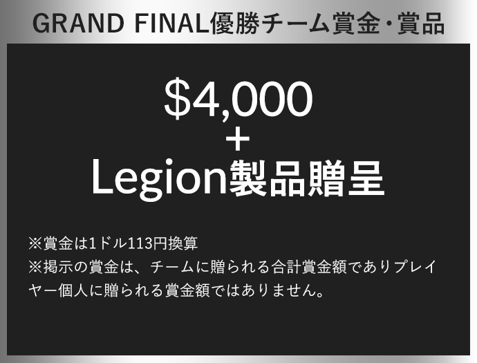 GRAND FINAL優勝チーム賞金・賞品 $4,000+Legion製品贈呈 ※賞金は1ドル113円換算※掲示の賞金は、チームに贈られる合計賞金額でありプレイヤー個人に贈られる賞金額ではありません。